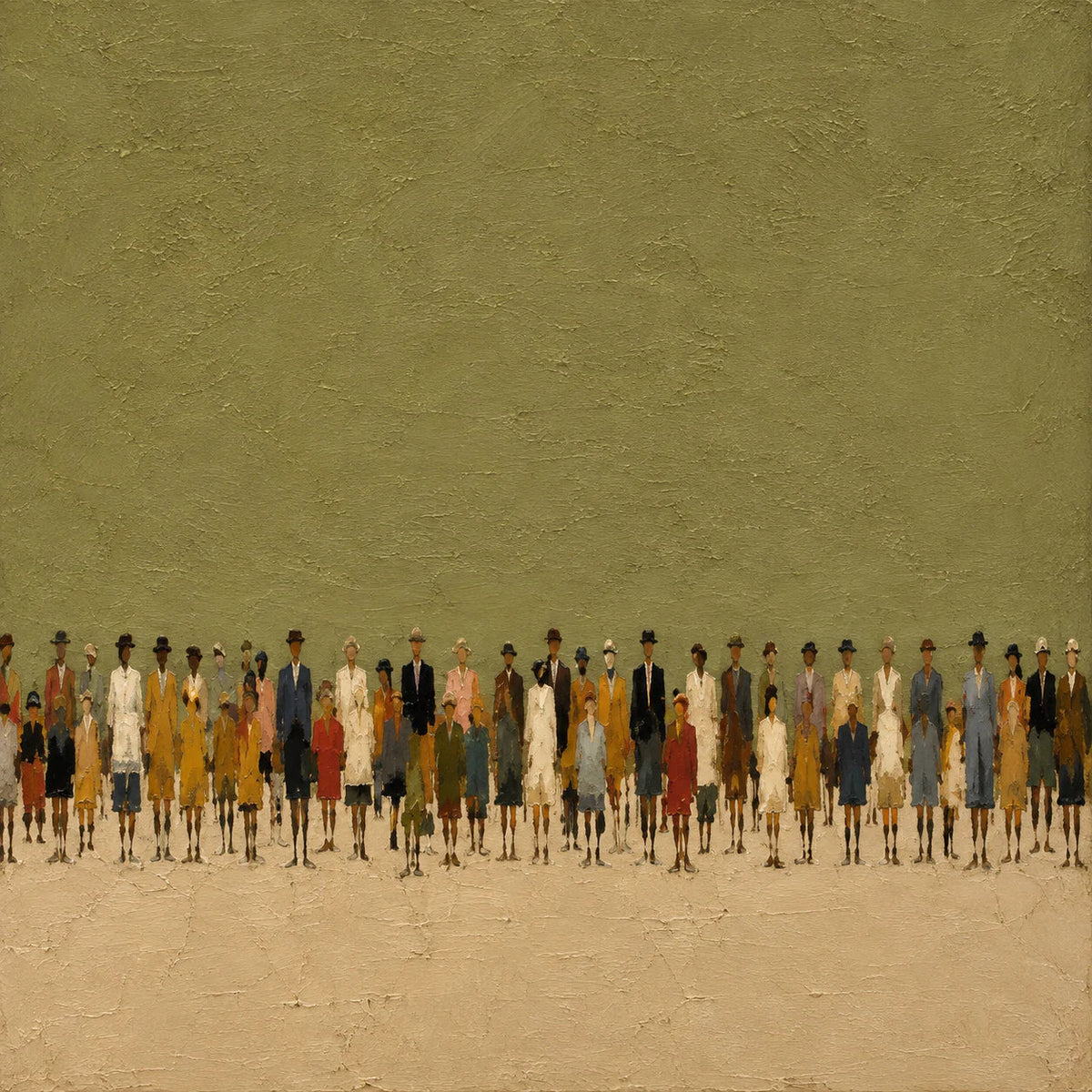 Colorful Crowd Beneath an Open Olive Field Wall Art artwork view | Olyrel