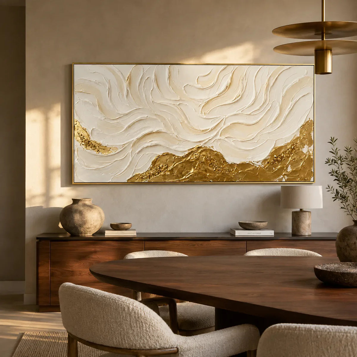 Ivory Flowing Ridges Above Golden Peaks Wall Art styled interior scene 2 | Olyrel