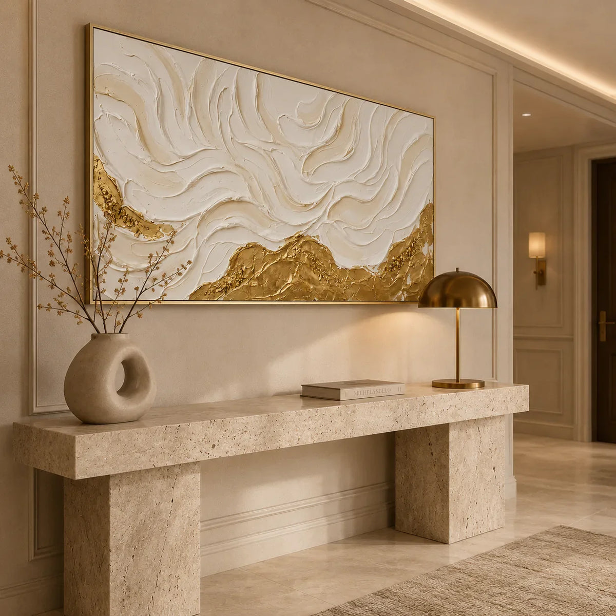 Ivory Flowing Ridges Above Golden Peaks Wall Art styled interior scene 3 | Olyrel