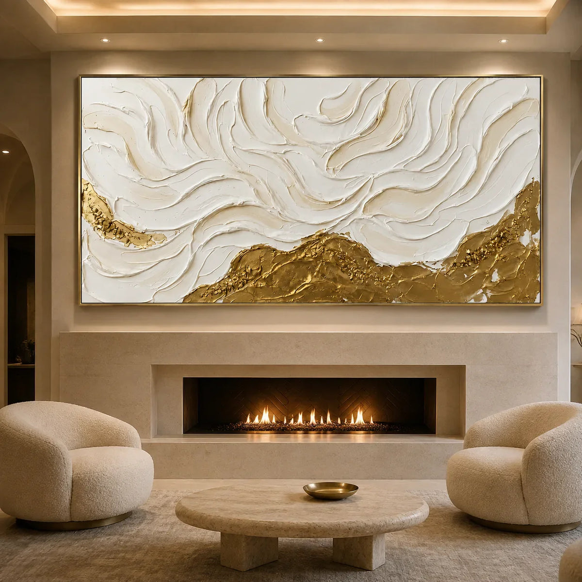 Ivory Flowing Ridges Above Golden Peaks Wall Art styled interior scene 4 | Olyrel
