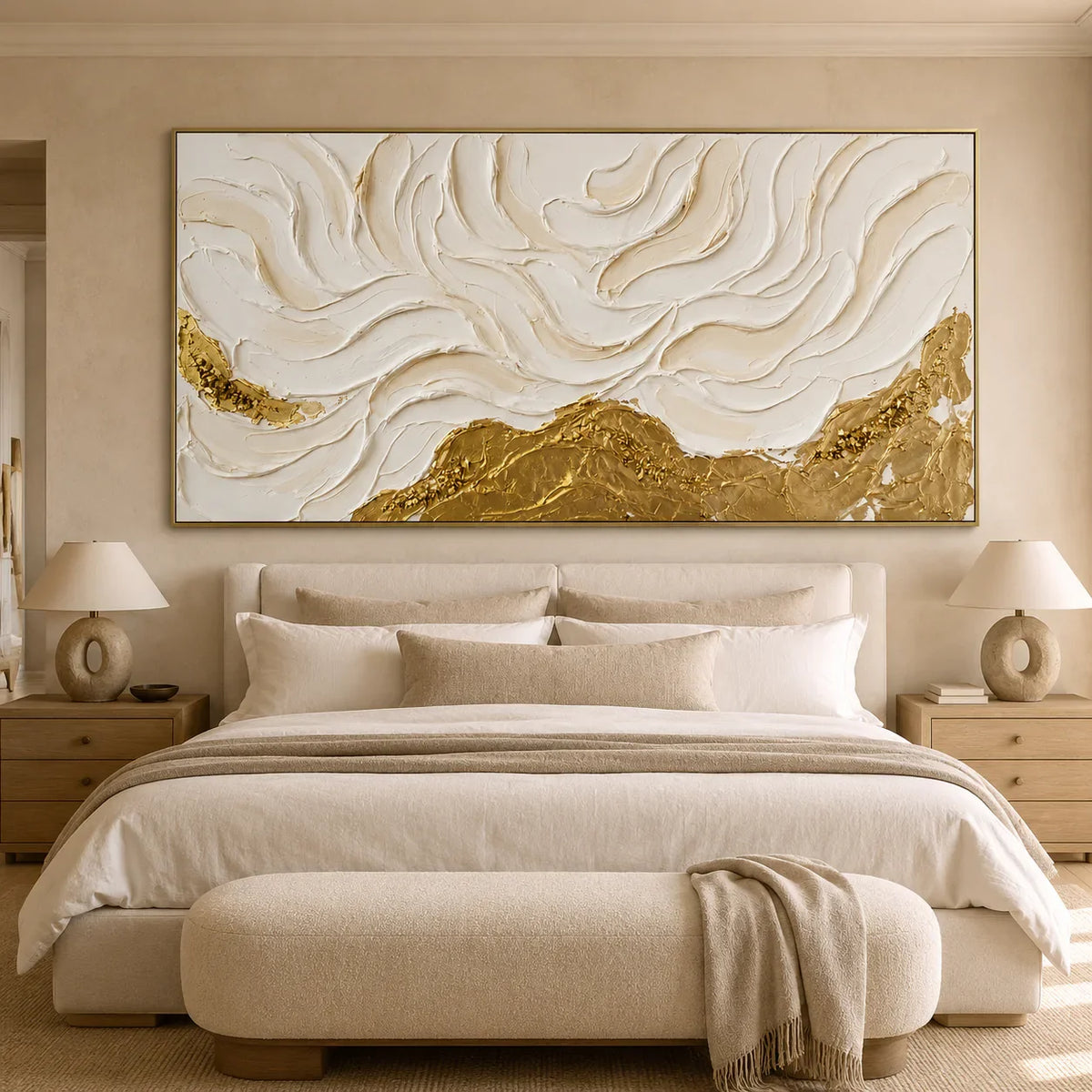 Ivory Flowing Ridges Above Golden Peaks Wall Art styled interior scene 6 | Olyrel