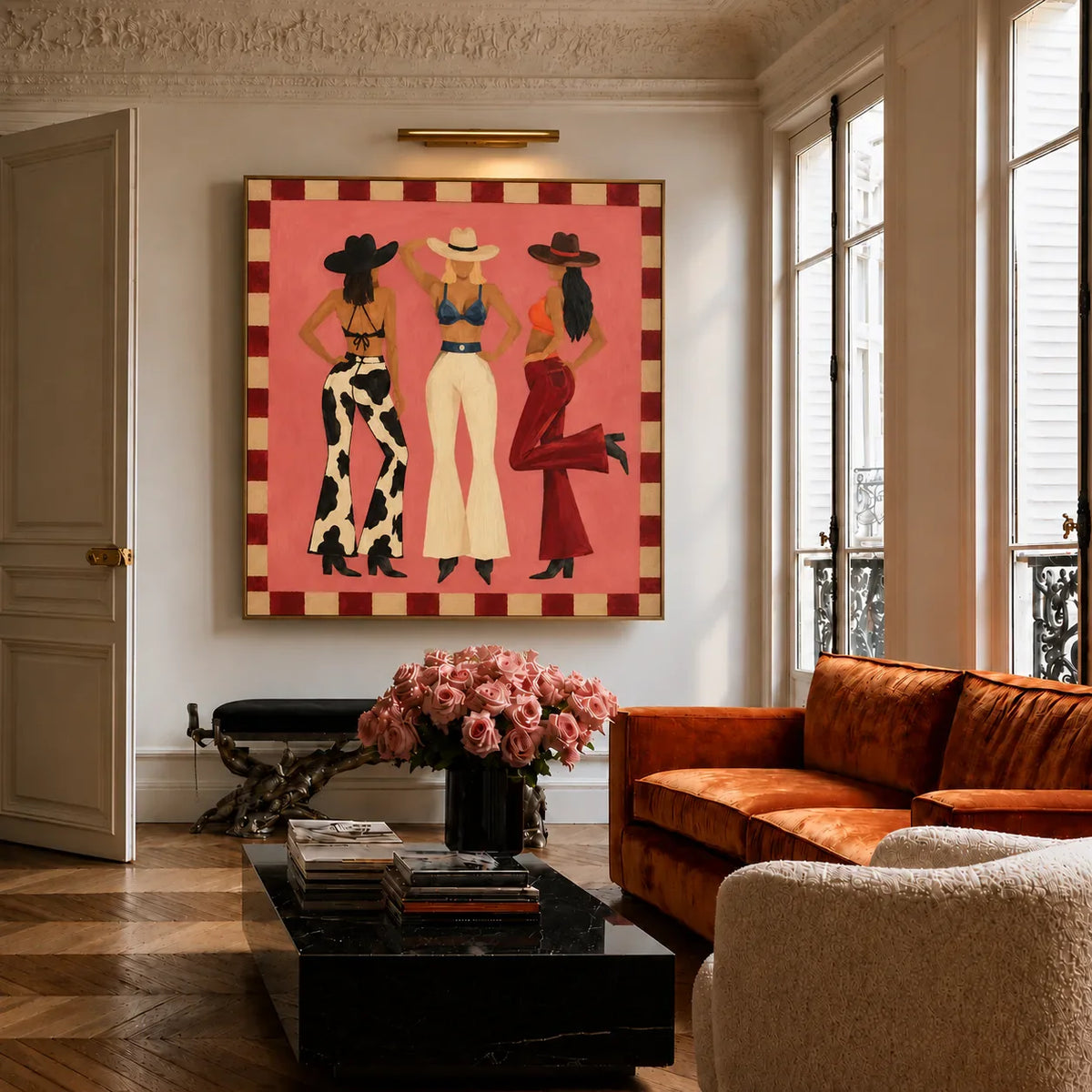 Three Western-Hatted Figures on Coral Pink Wall Art styled interior scene 2 | Olyrel