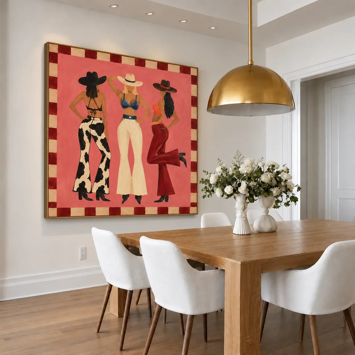 Three Western-Hatted Figures on Coral Pink Wall Art styled interior scene 3 | Olyrel