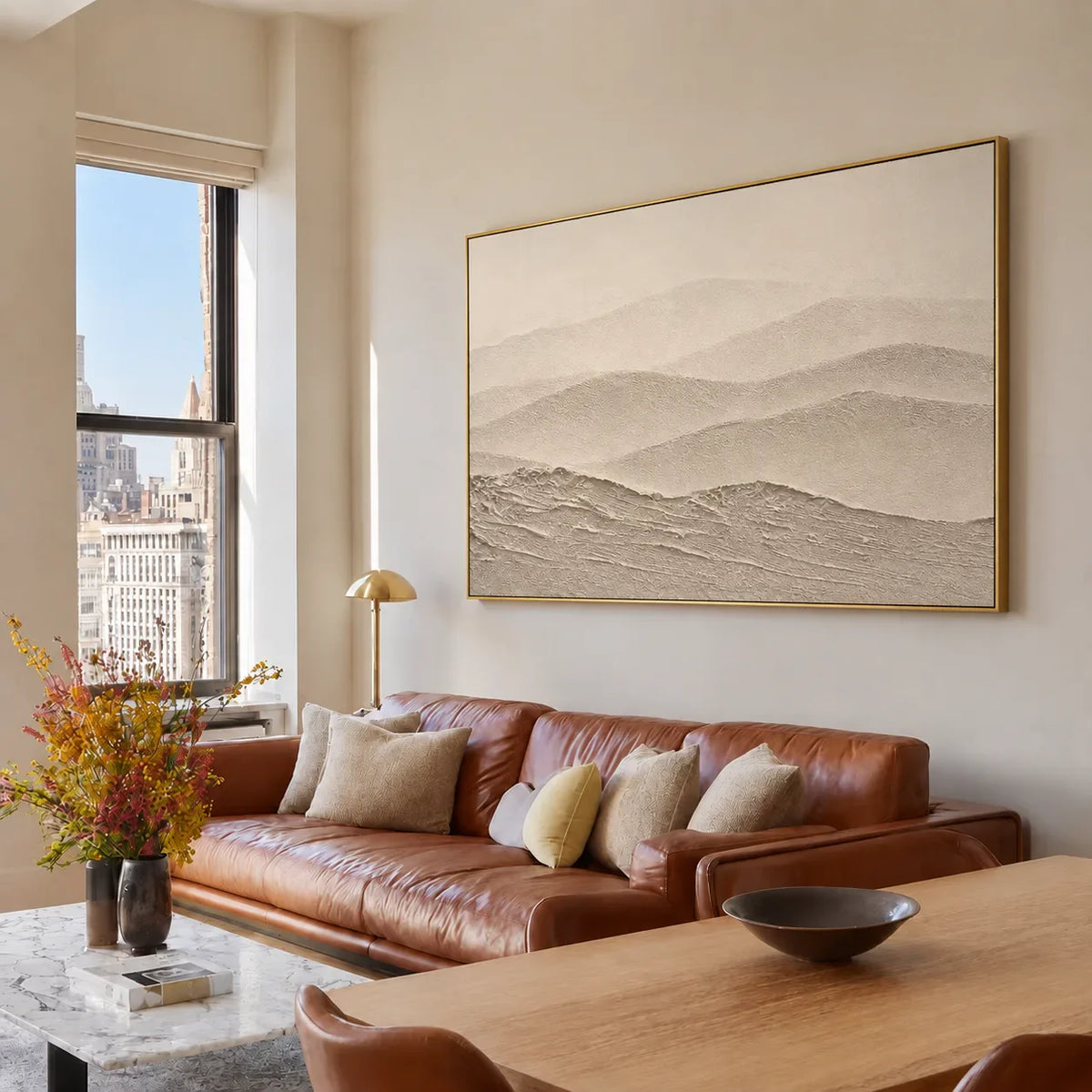 Soft Beige Hills in Layered Panoramic Relief Wall Art styled interior scene 3 | Olyrel