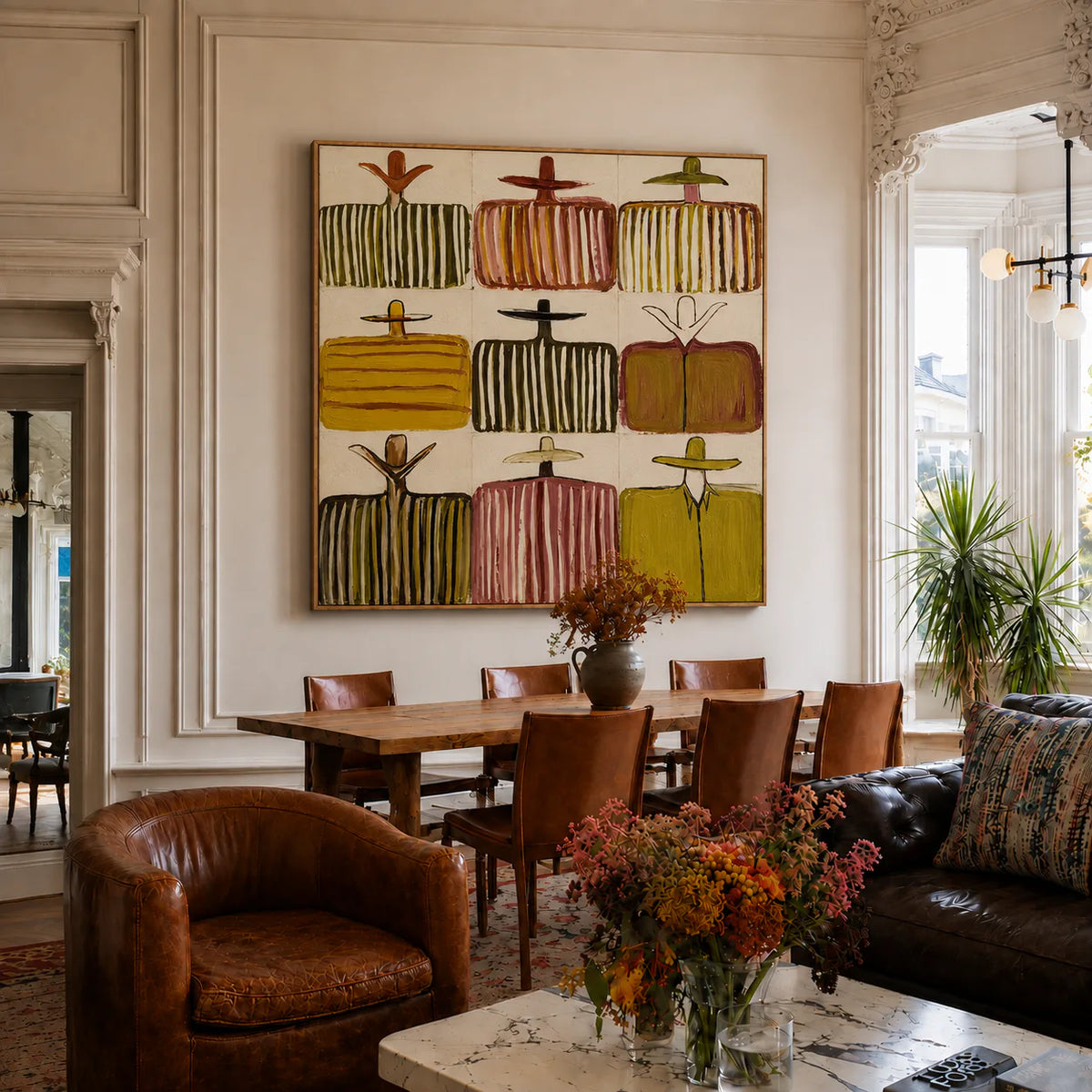 Nine Hat Figures in a Grid of Warm Stripes Wall Art styled interior scene 1 | Olyrel