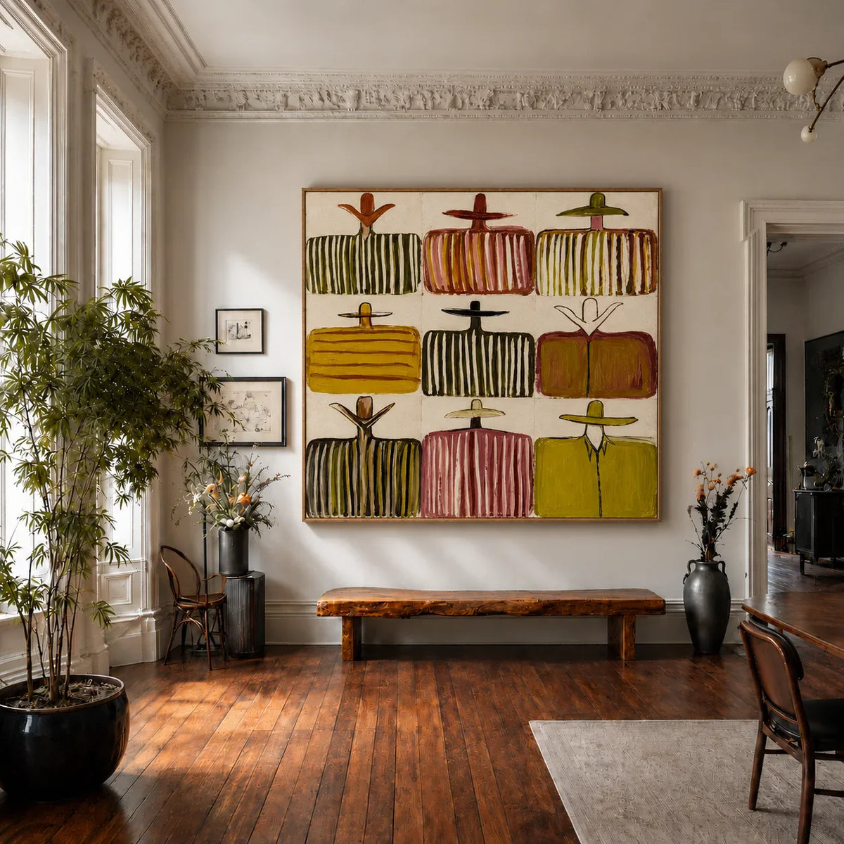 Nine Hat Figures in a Grid of Warm Stripes Wall Art styled interior scene 5 | Olyrel