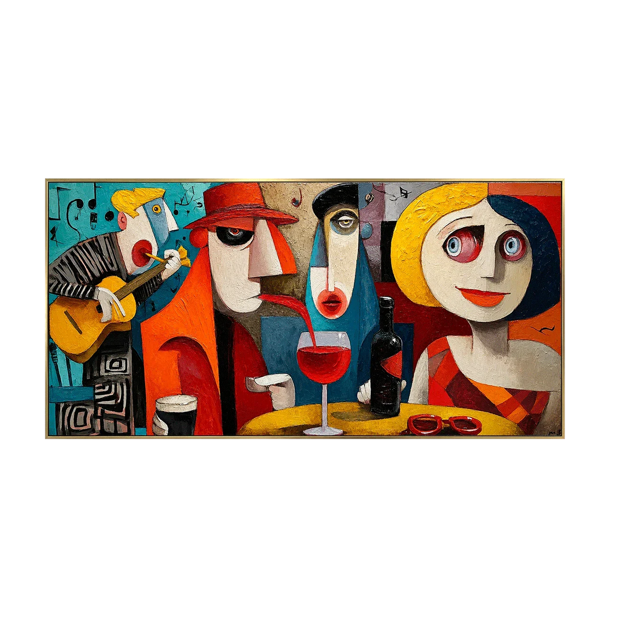 Colorful Cafe Faces with Guitar and Wine Wall Art | Olyrel