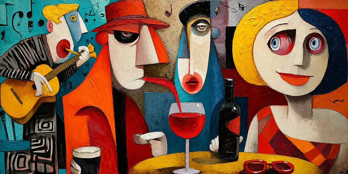 Colorful Cafe Faces with Guitar and Wine Wall Art artwork view | Olyrel