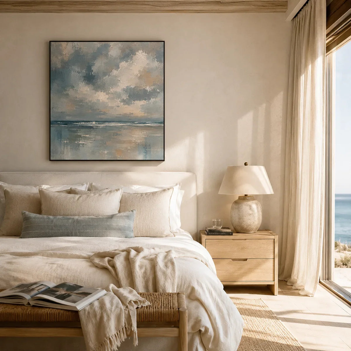Cloudbreak Horizon Coastal Wall Art shown in a calm bedroom setting | Olyrel