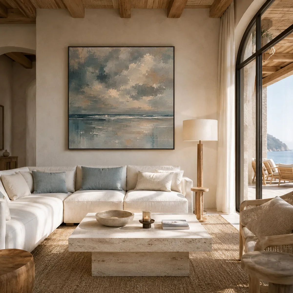 Cloudbreak Horizon Coastal Wall Art styled in a contemporary entryway | Olyrel