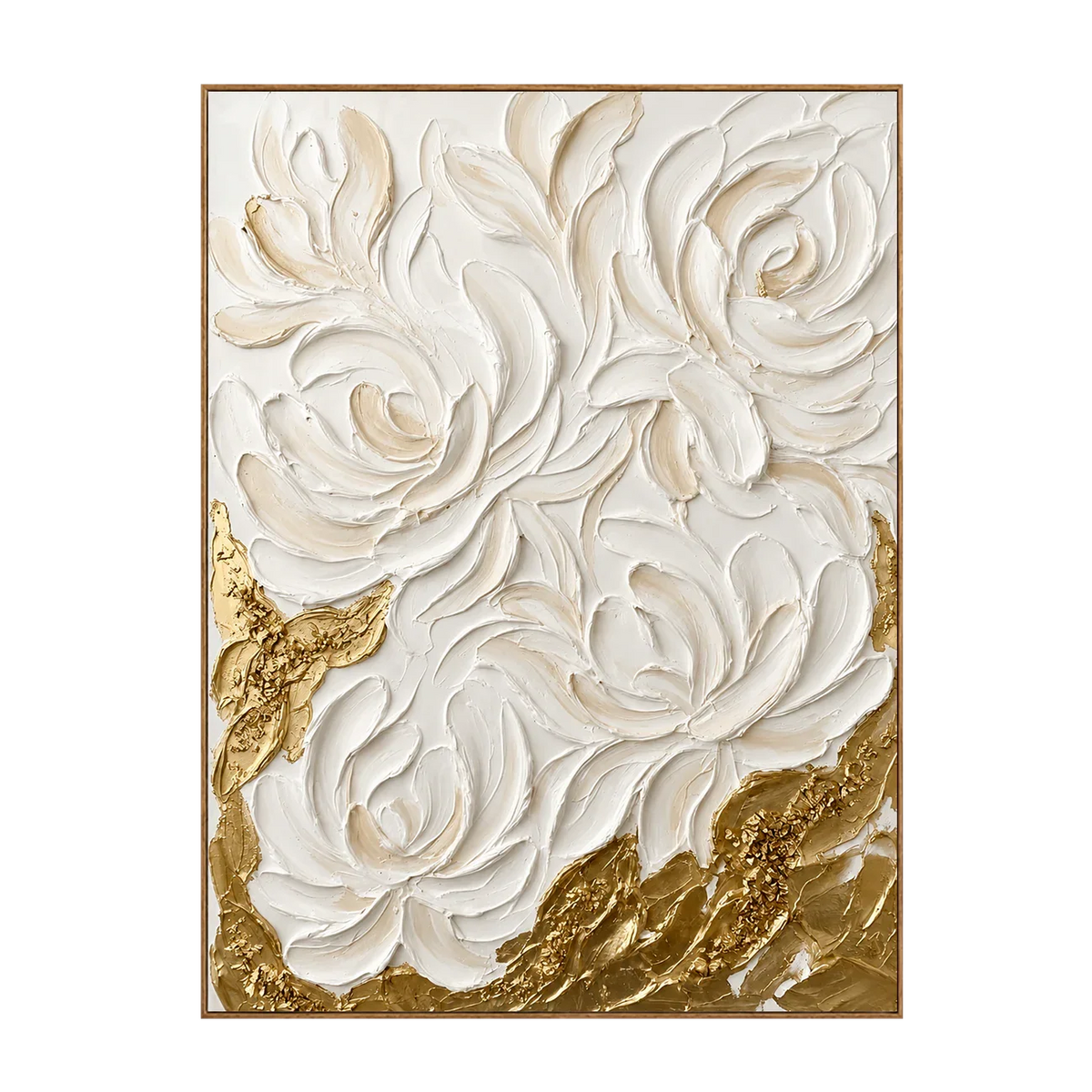 Sculpted White Roses over Golden Textures Wall Art | Olyrel