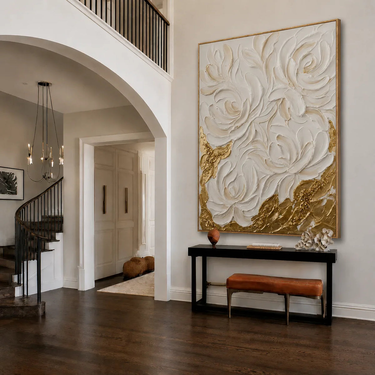 Sculpted White Roses over Golden Textures Wall Art styled interior scene 3 | Olyrel