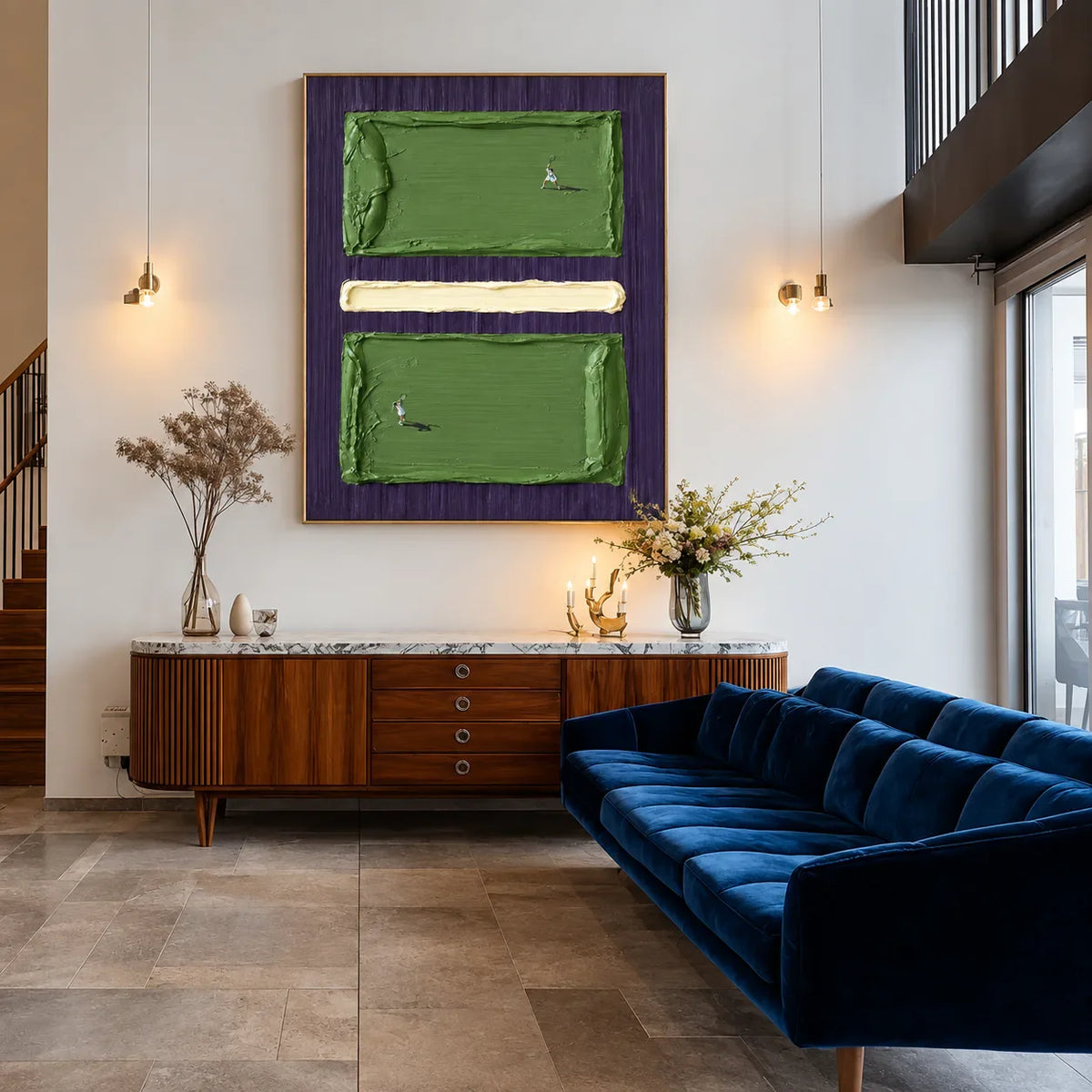 Tiny Tennis Players on Green and Violet Wall Art styled interior scene 2 | Olyrel