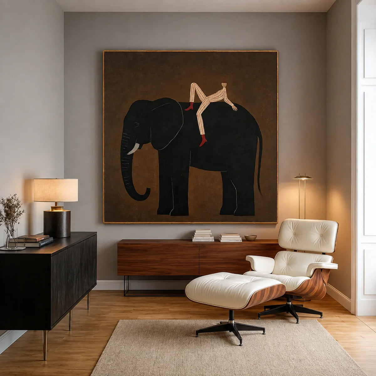 Striped Rider Reclining on a Black Elephant Wall Art styled interior scene 1 | Olyrel