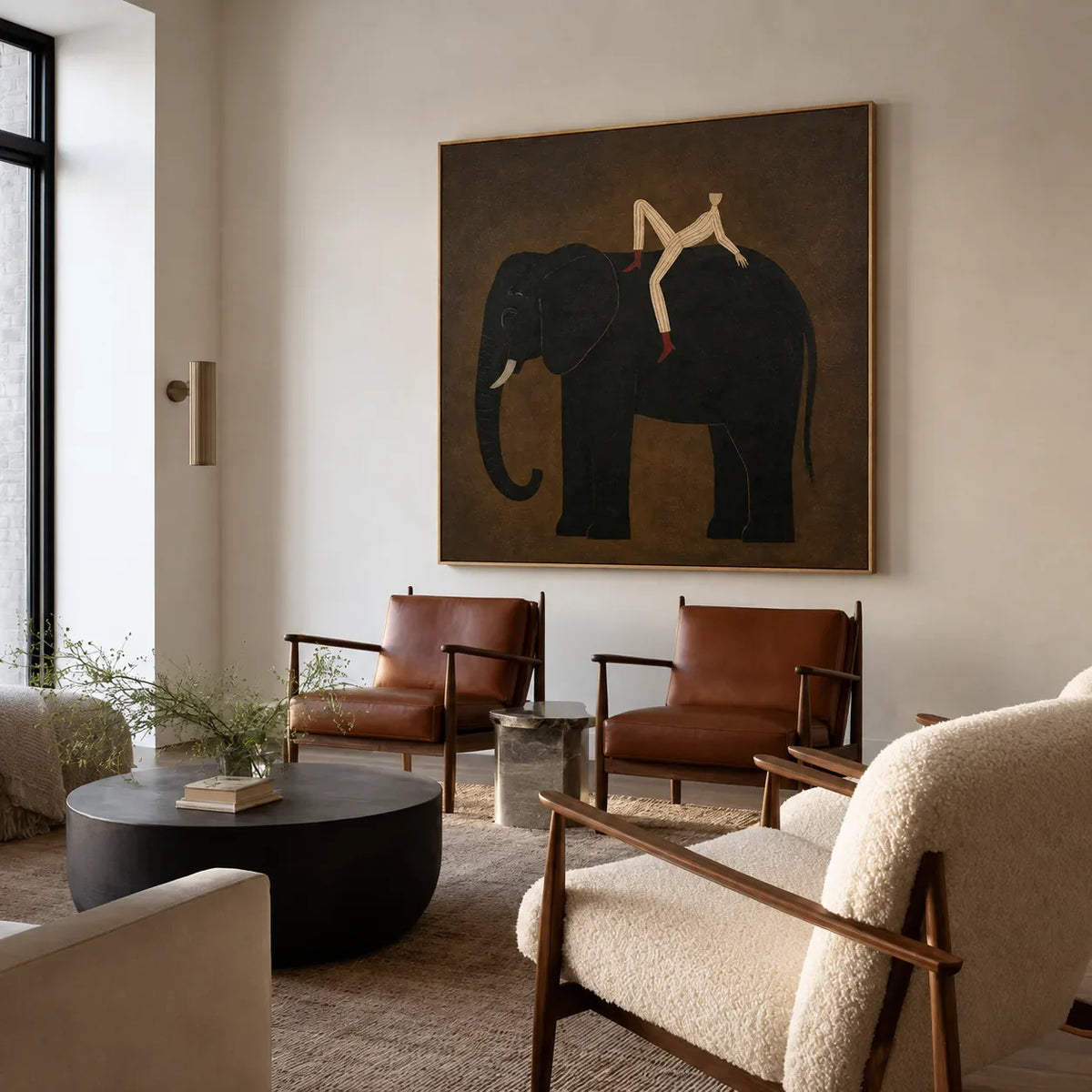 Striped Rider Reclining on a Black Elephant Wall Art styled interior scene 3 | Olyrel