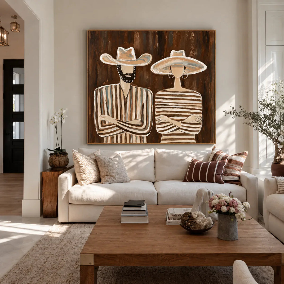 Striped Western Pair in Cream Hats Wall Art styled interior scene 2 | Olyrel