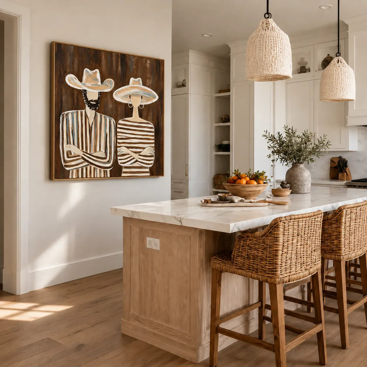 Striped Western Pair in Cream Hats Wall Art styled interior scene 3 | Olyrel