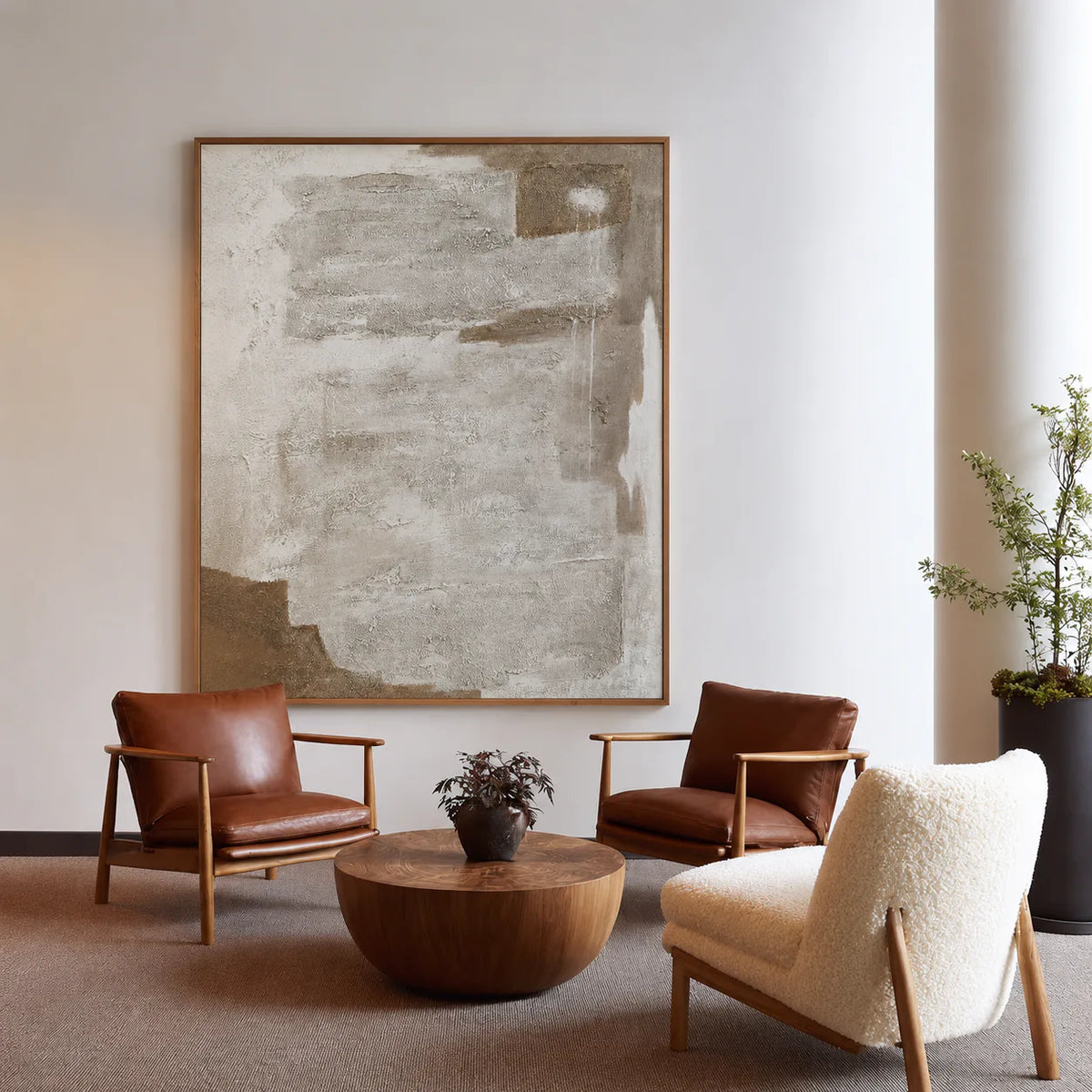 Chalk White Layers over Taupe Abstract Wall Art styled interior scene 5 | Olyrel