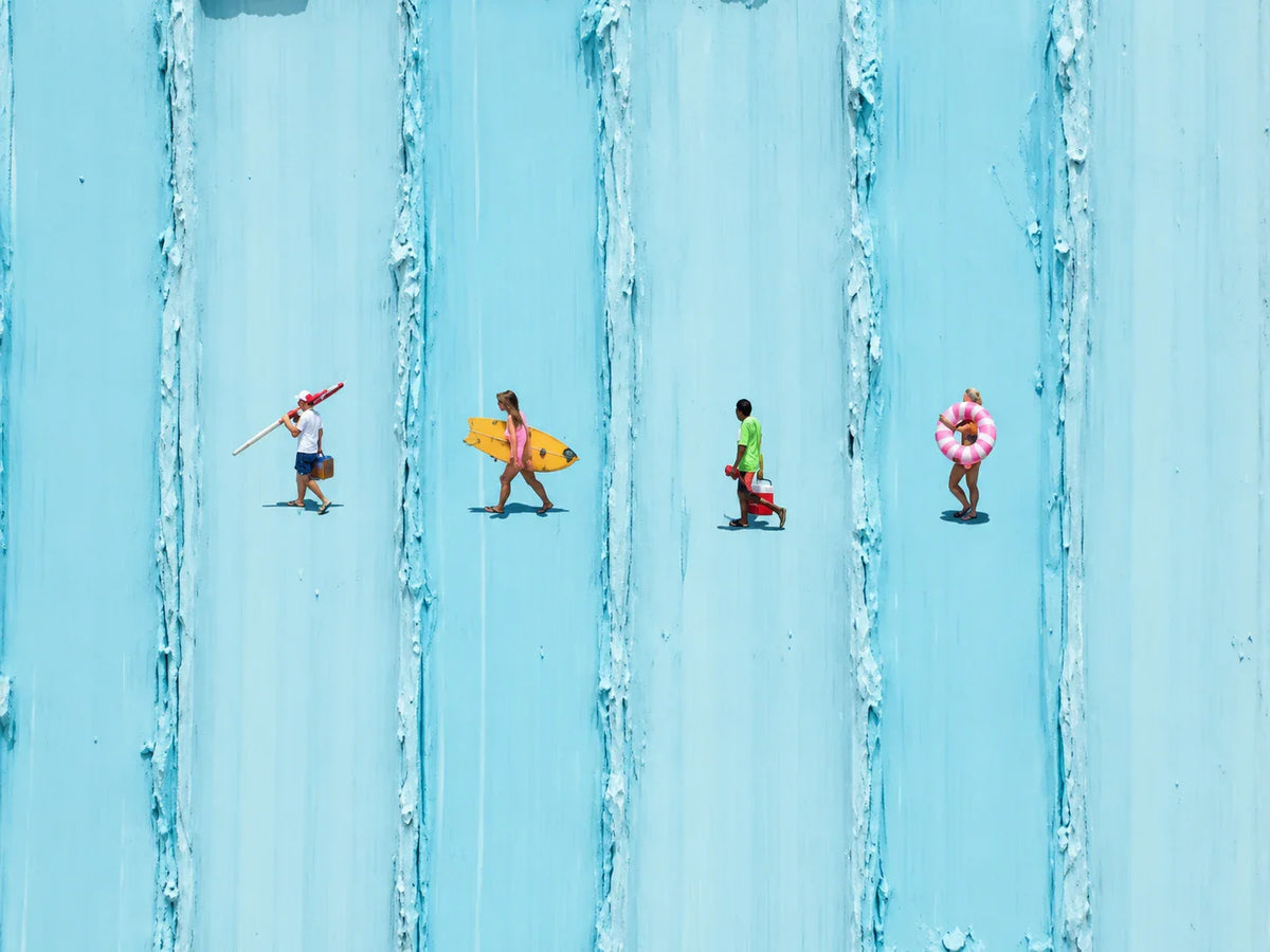 Four Beachgoers across Turquoise Stripes Wall Art artwork view | Olyrel