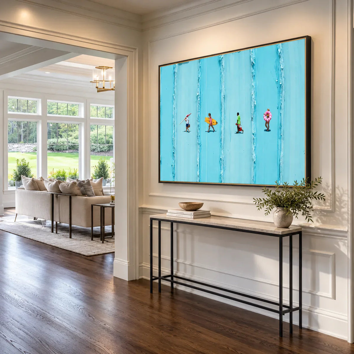 Four Beachgoers across Turquoise Stripes Wall Art styled interior scene 3 | Olyrel