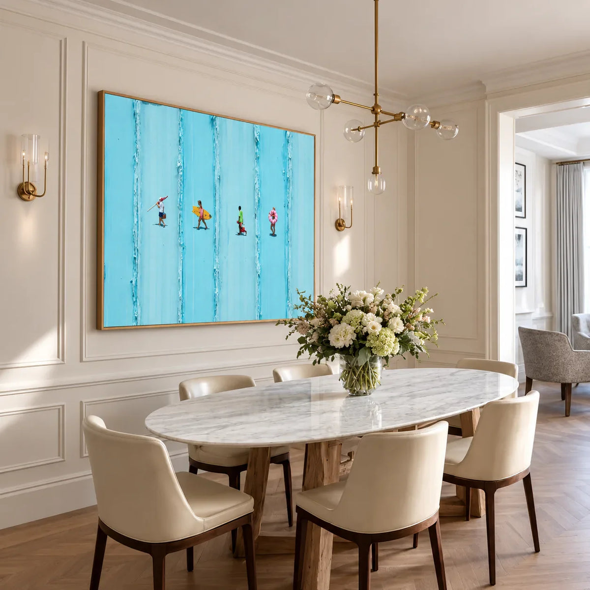 Four Beachgoers across Turquoise Stripes Wall Art styled interior scene 4 | Olyrel