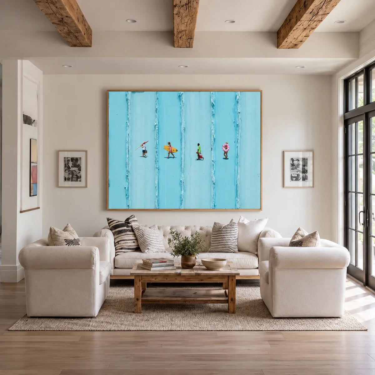 Four Beachgoers across Turquoise Stripes Wall Art styled interior scene 5 | Olyrel