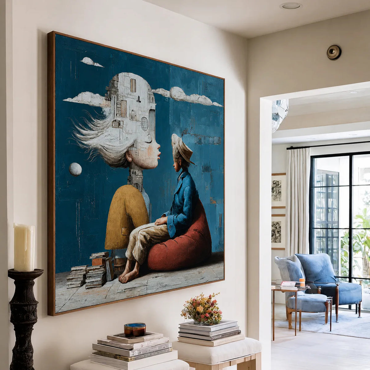 White City Dreamer and Seated Figure on Teal Wall Art styled interior scene 1 | Olyrel