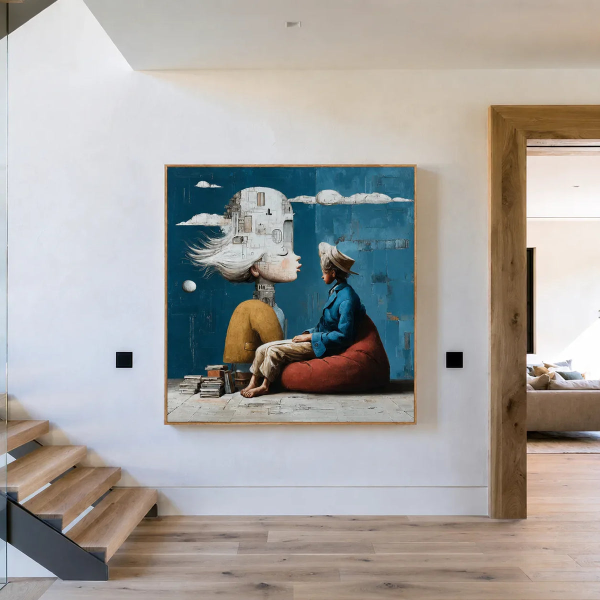 White City Dreamer and Seated Figure on Teal Wall Art styled interior scene 2 | Olyrel