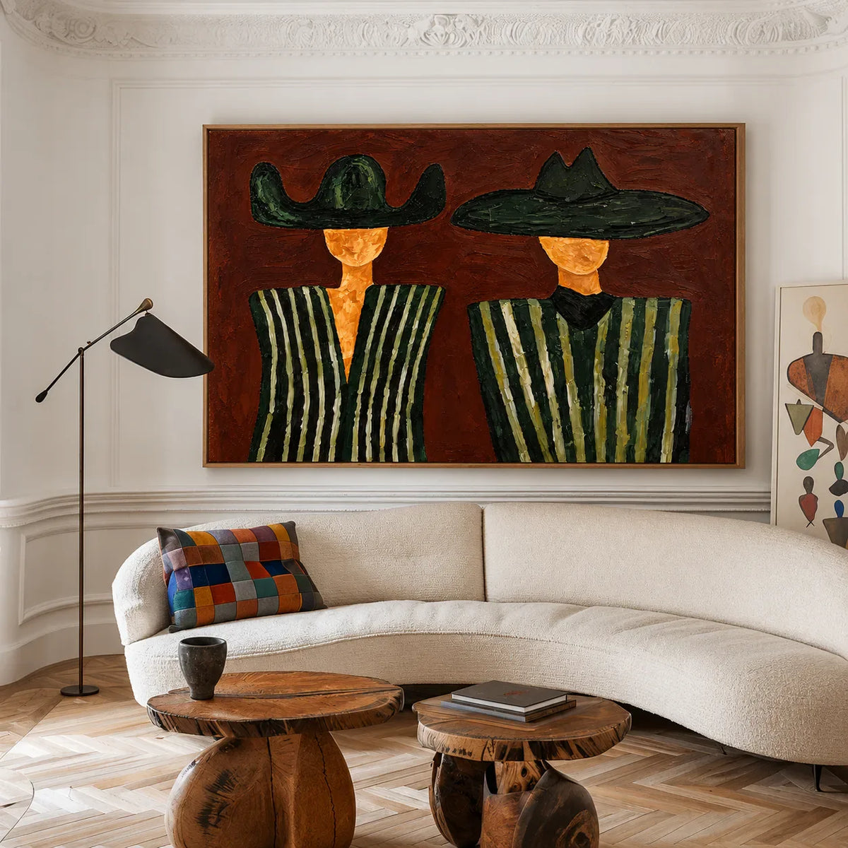 Green Striped Western Pair on Rust Brown Wall Art styled interior scene 1 | Olyrel