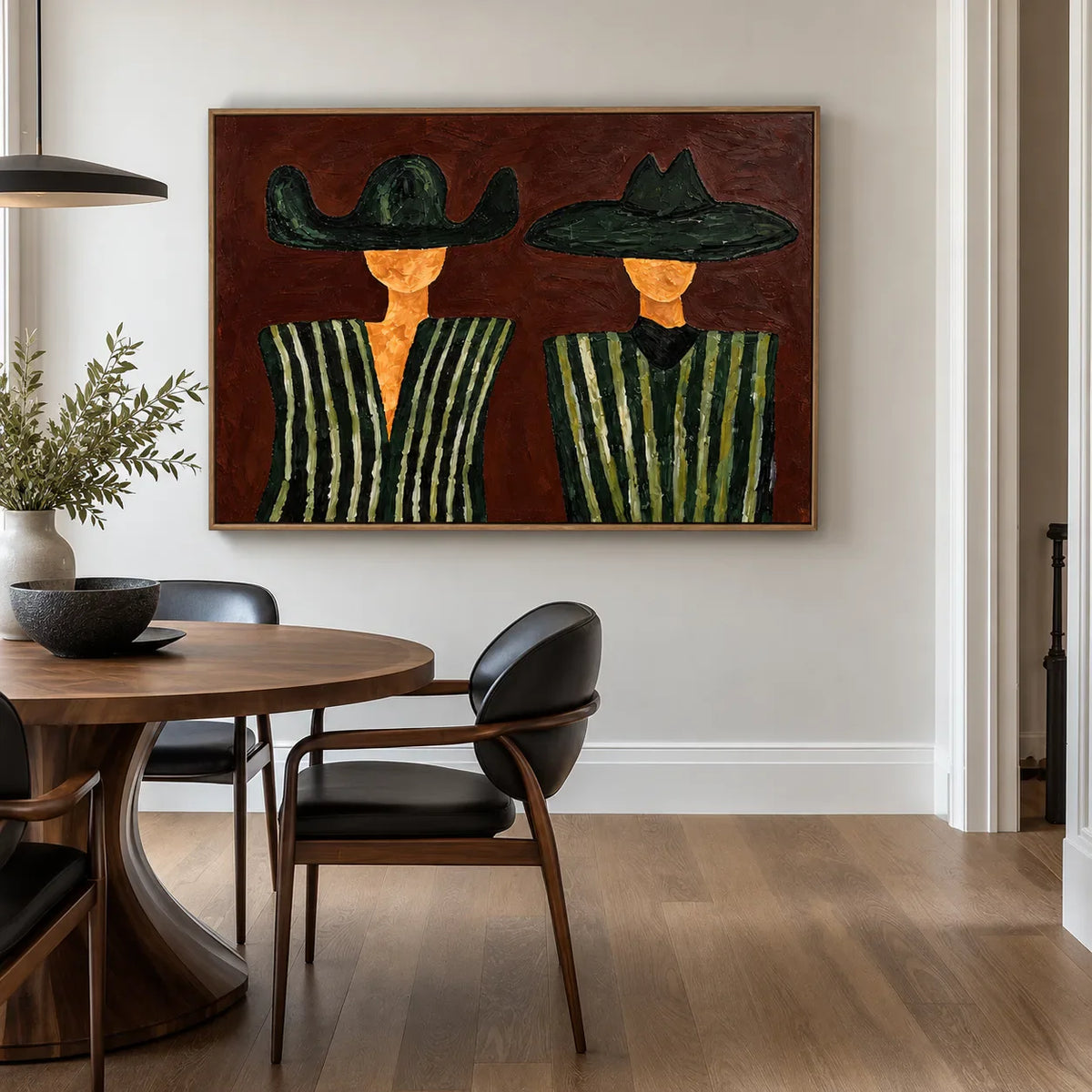 Green Striped Western Pair on Rust Brown Wall Art styled interior scene 3 | Olyrel