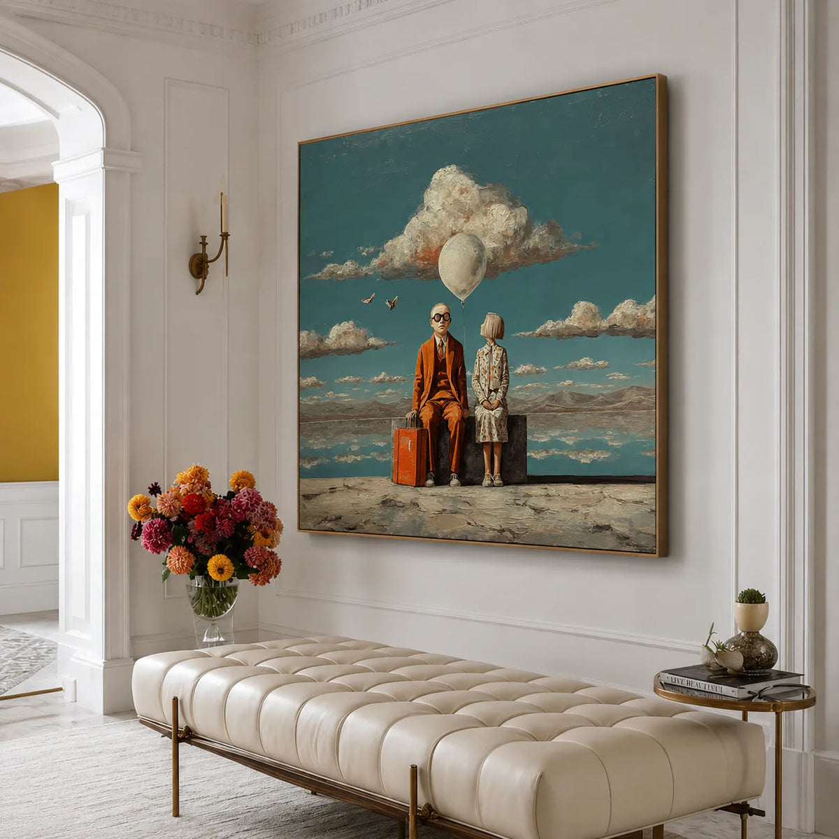 Travelers beneath a White Balloon and Cloud Wall Art styled interior scene 2 | Olyrel