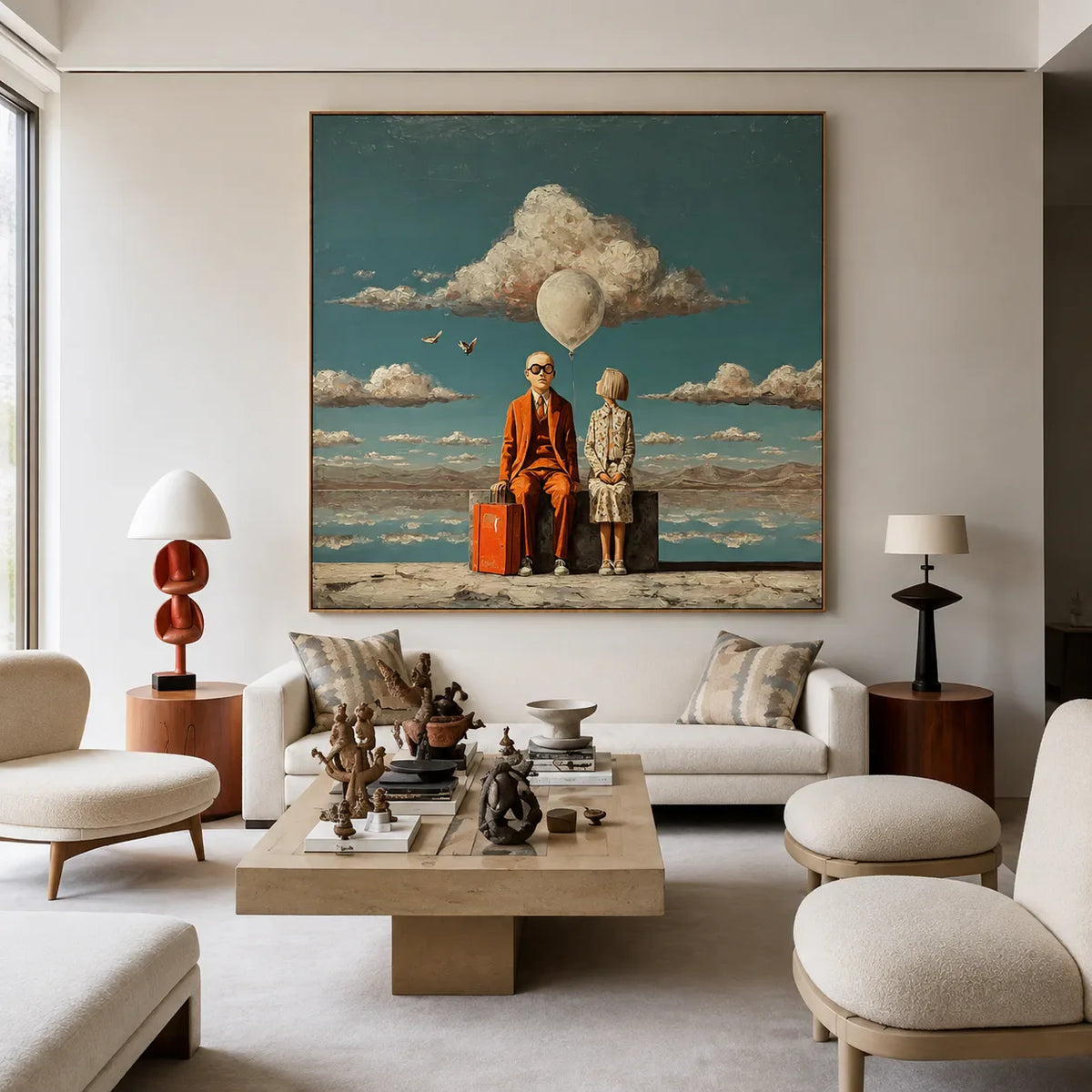 Travelers beneath a White Balloon and Cloud Wall Art styled interior scene 3 | Olyrel