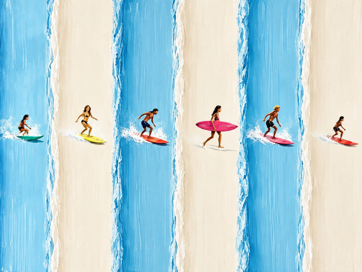Six Surfers across Blue and Cream Stripes Wall Art artwork view | Olyrel