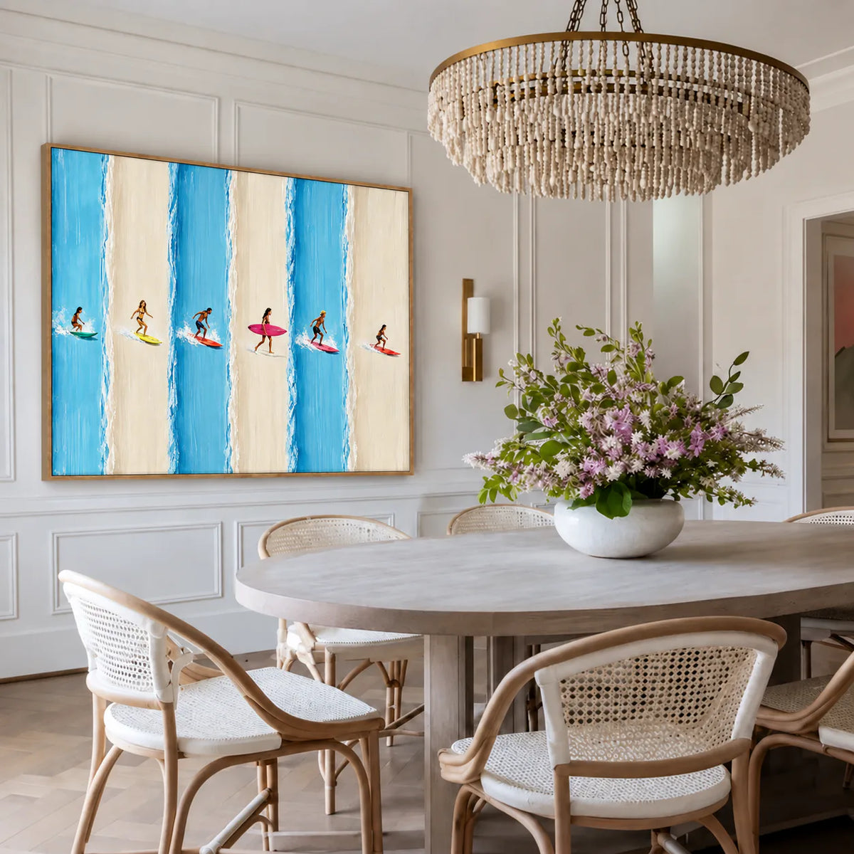 Six Surfers across Blue and Cream Stripes Wall Art styled interior scene 1 | Olyrel