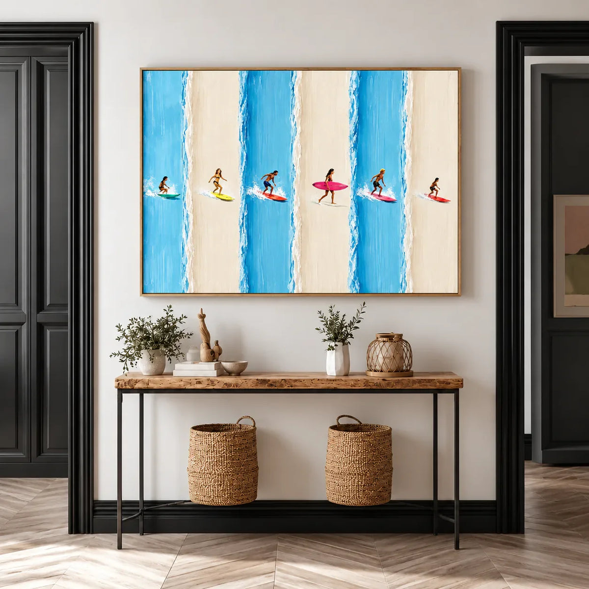 Six Surfers across Blue and Cream Stripes Wall Art styled interior scene 2 | Olyrel