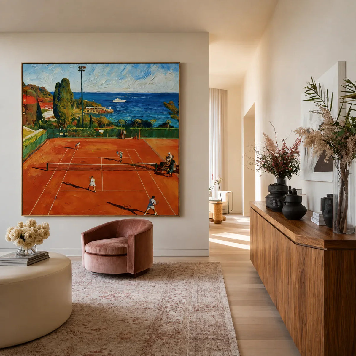 Terracotta Tennis Court above a Blue Bay Wall Art styled interior scene 3 | Olyrel