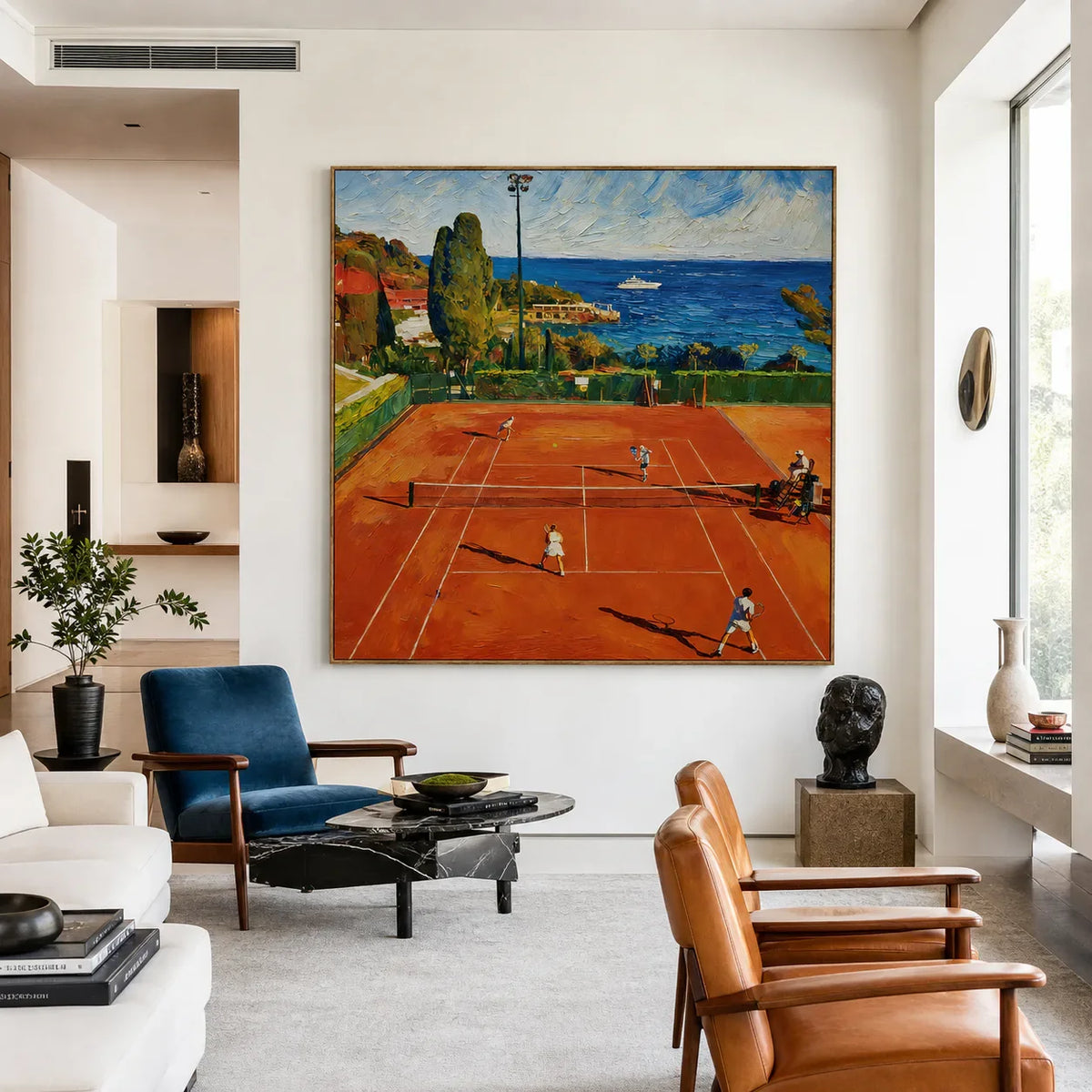 Terracotta Tennis Court above a Blue Bay Wall Art styled interior scene 4 | Olyrel