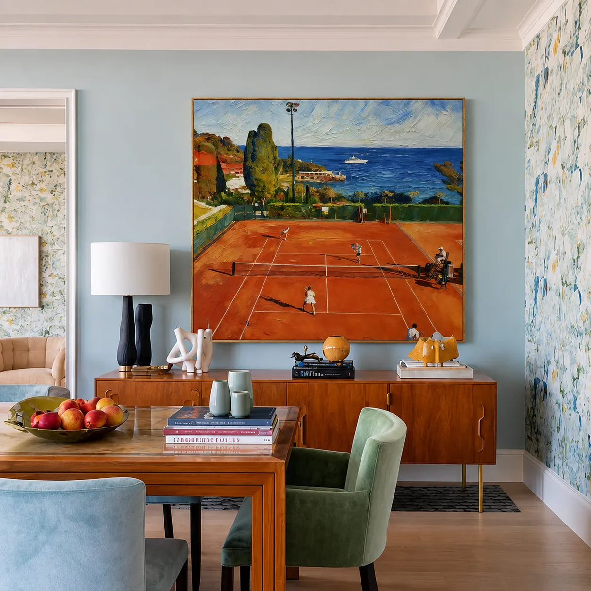 Terracotta Tennis Court above a Blue Bay Wall Art styled interior scene 5 | Olyrel