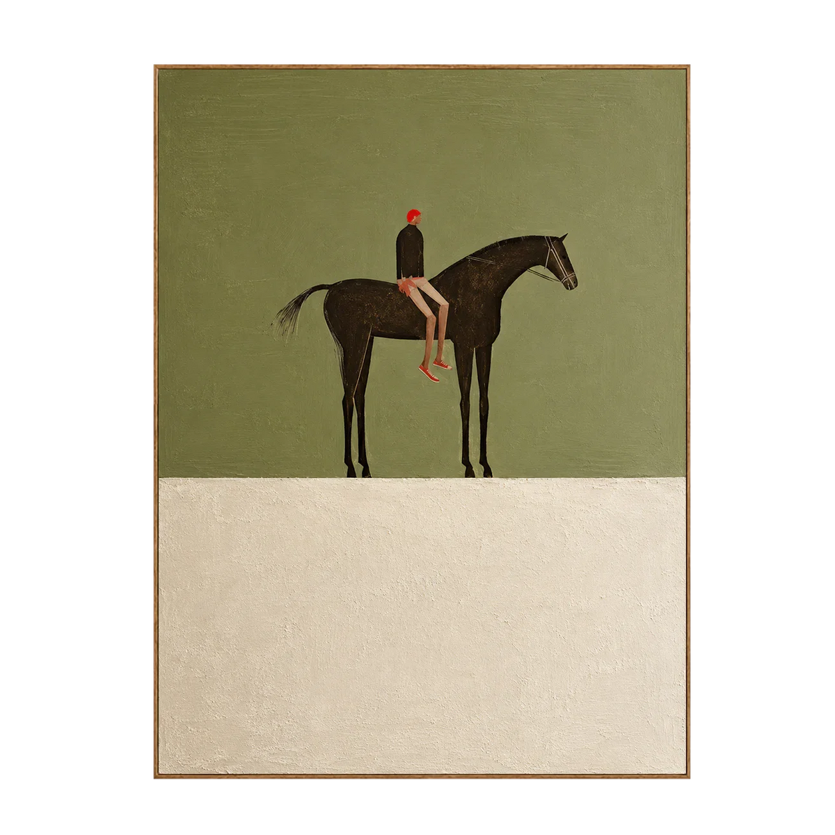 Red-Capped Rider on a Dark Horse in Olive Wall Art | Olyrel