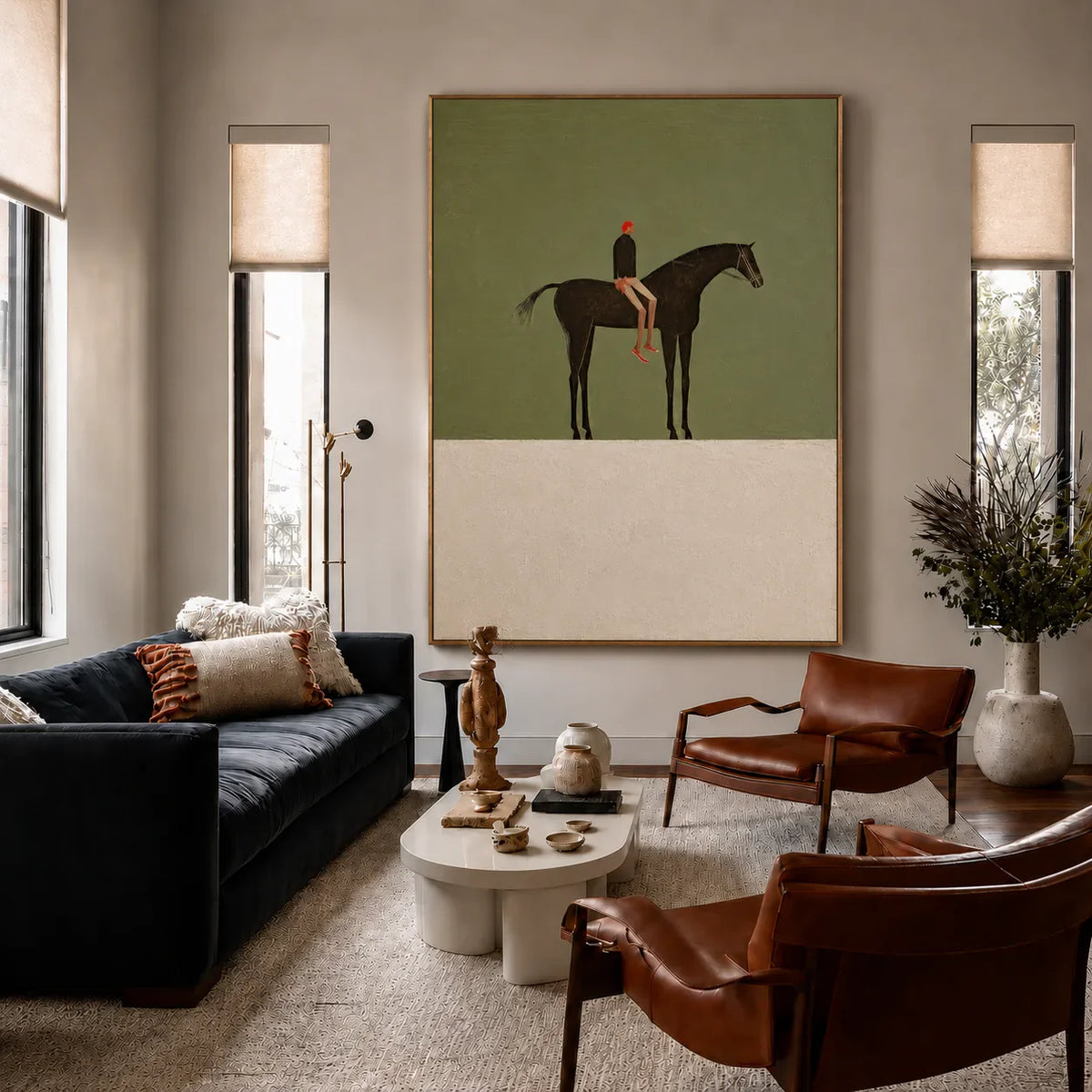 Red-Capped Rider on a Dark Horse in Olive Wall Art styled interior scene 4 | Olyrel