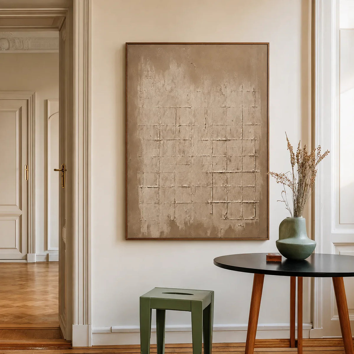 Weathered Sand Grid on Warm Taupe Wall Art styled interior scene 2 | Olyrel
