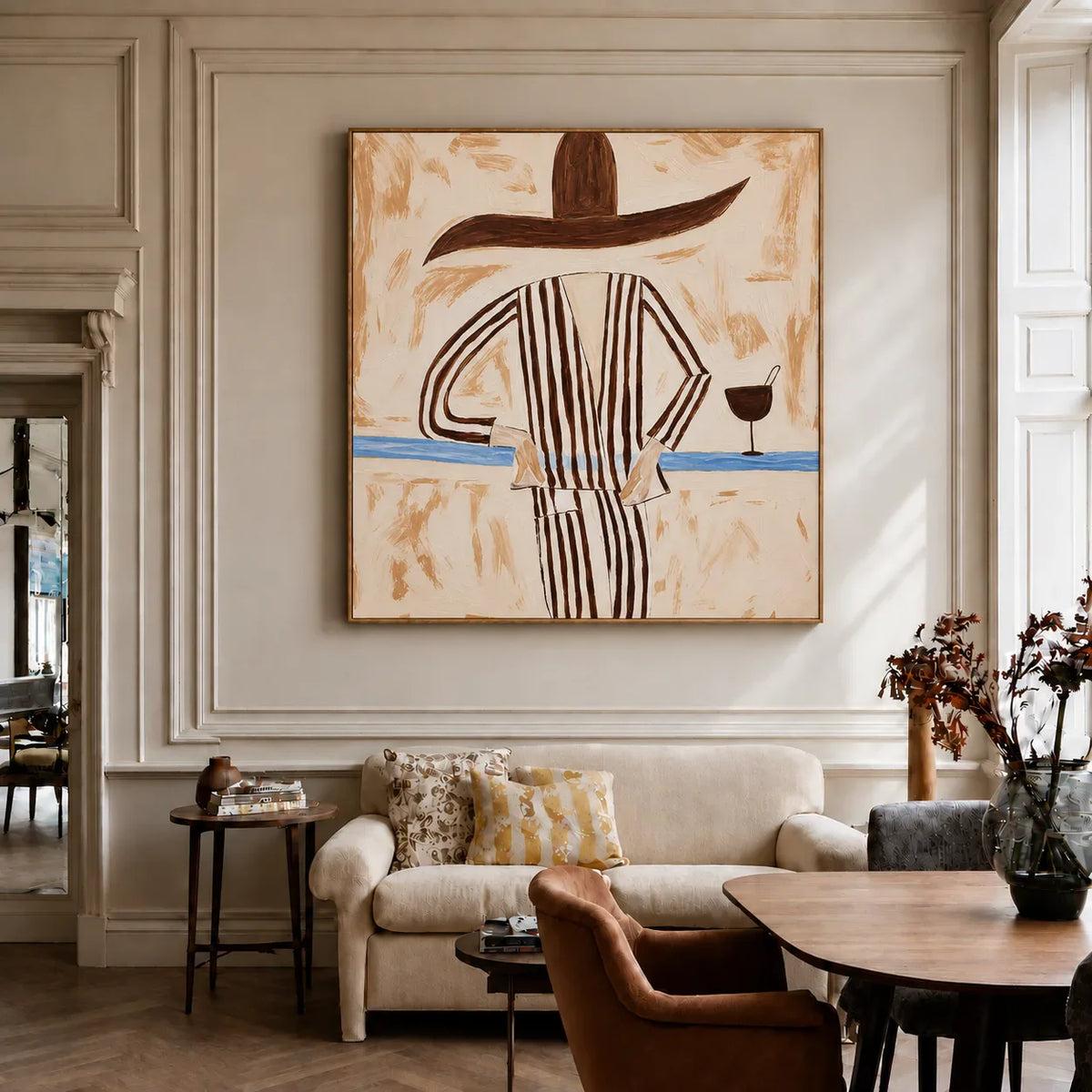 Striped Figure with a Sweeping Hat and Goblet Wall Art styled interior scene 4 | Olyrel