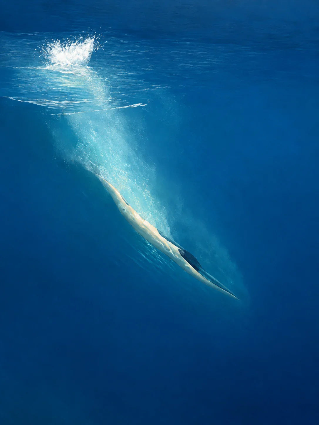 Diver beneath a White Splash in Deep Blue Wall Art artwork view | Olyrel