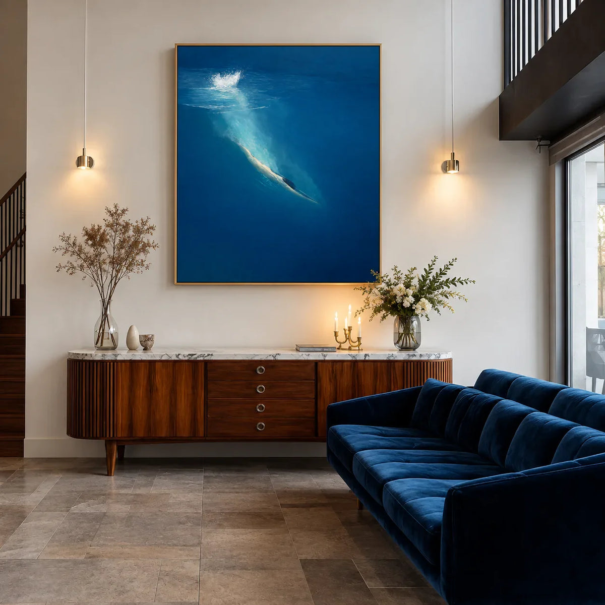 Diver beneath a White Splash in Deep Blue Wall Art styled interior scene 2 | Olyrel