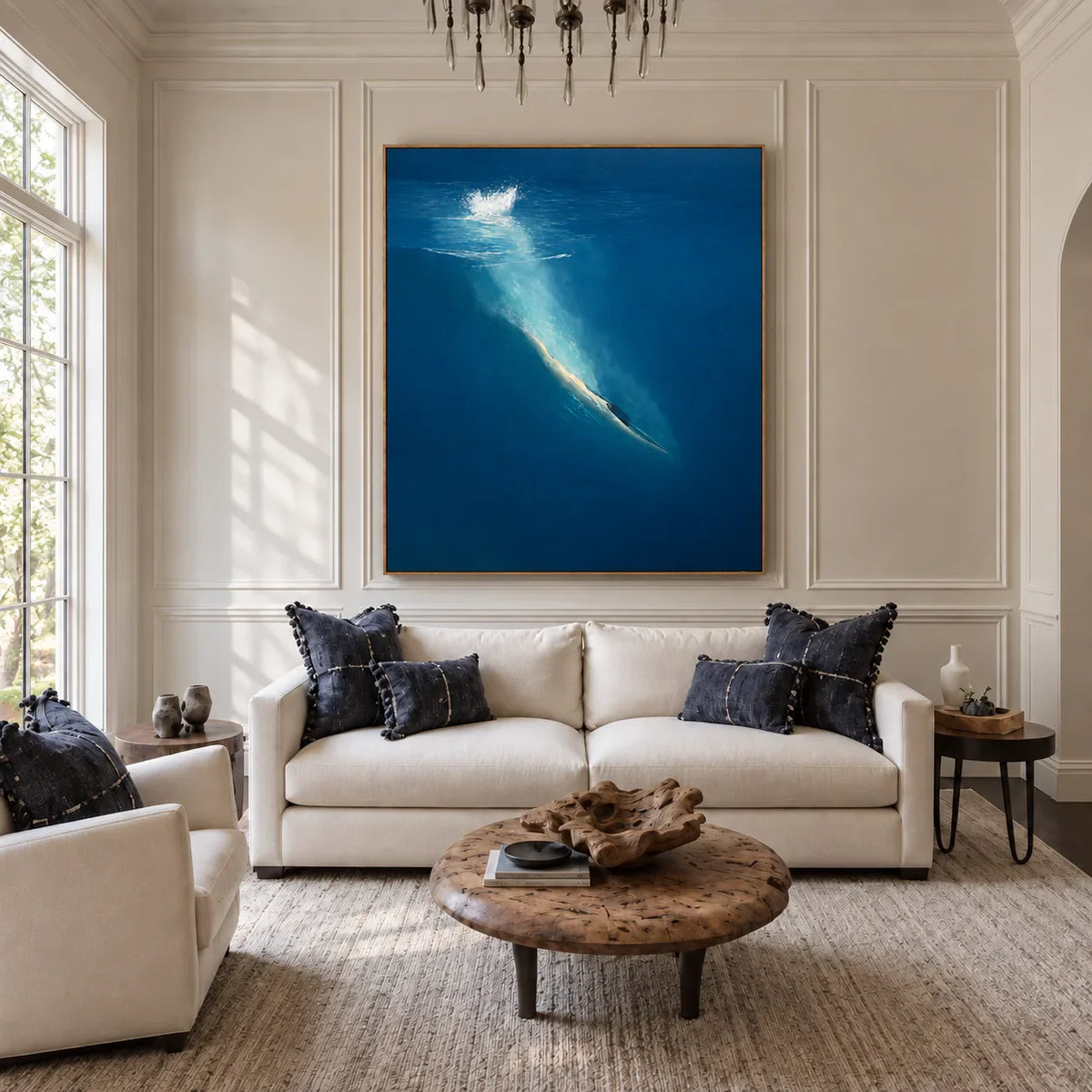 Diver beneath a White Splash in Deep Blue Wall Art styled interior scene 5 | Olyrel