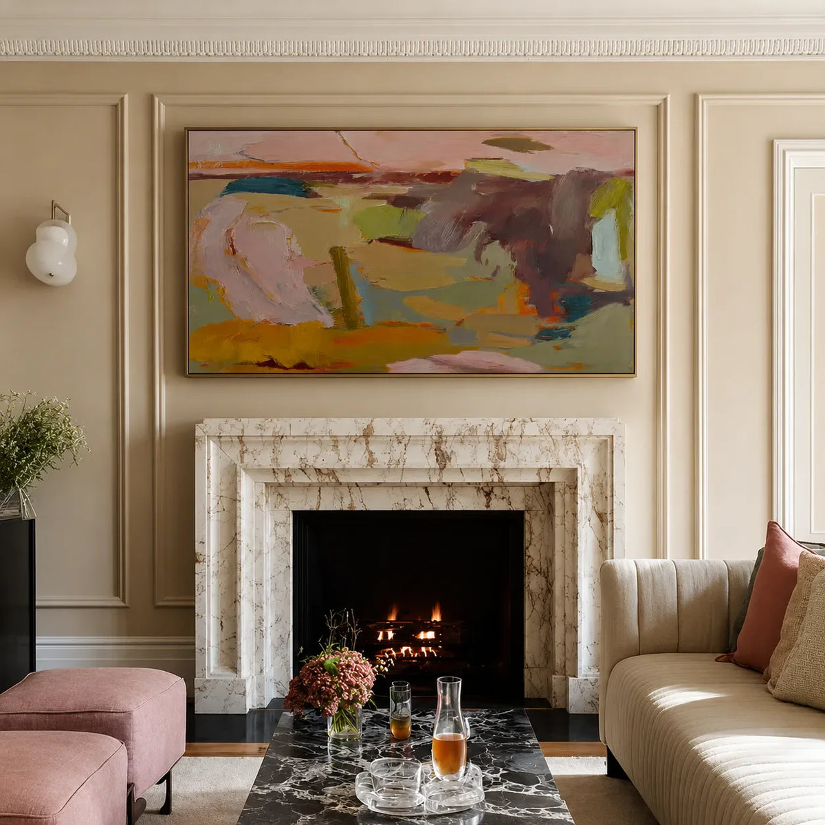 Blush and Ochre Abstract Color Fields Wall Art styled interior scene 5 | Olyrel