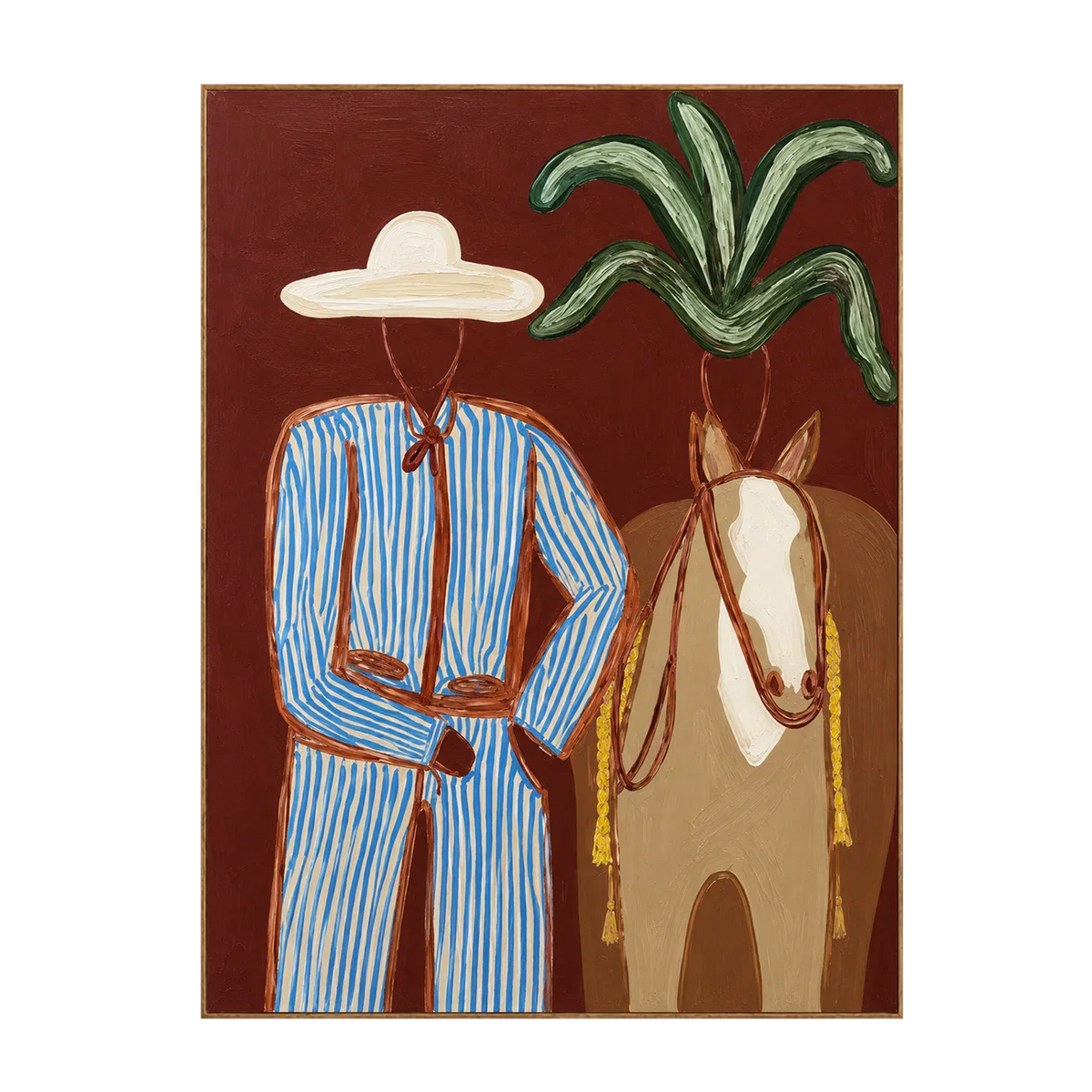 Blue-Striped Cowboy beside a Tan Horse Wall Art | Olyrel