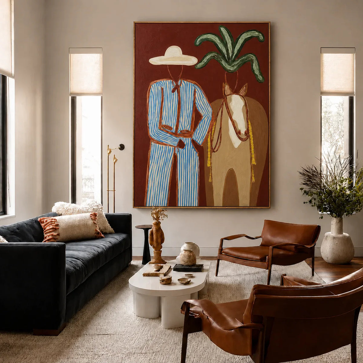 Blue-Striped Cowboy beside a Tan Horse Wall Art styled interior scene 1 | Olyrel