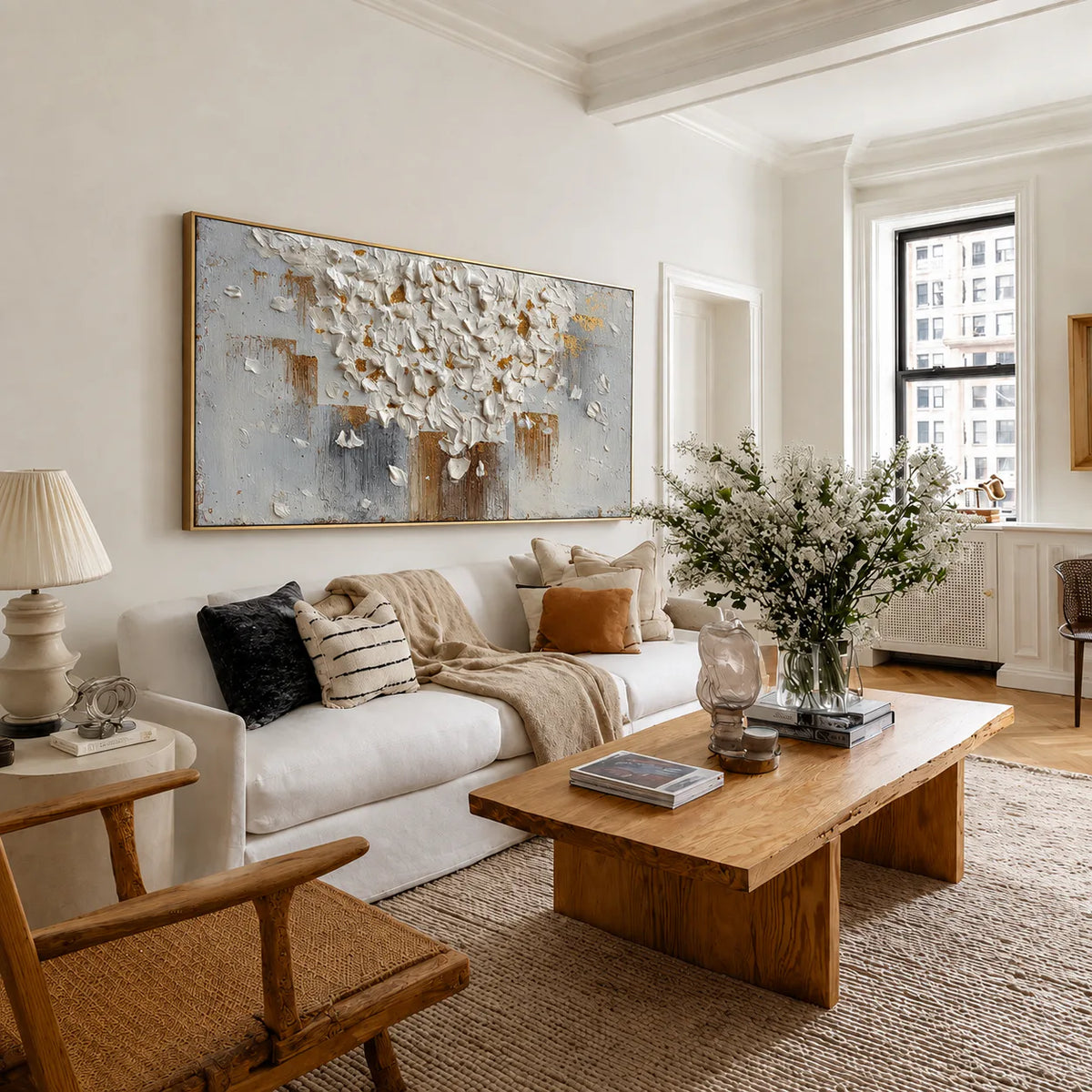 White Blossom Canopy with a Golden Trunk Wall Art styled interior scene 1 | Olyrel