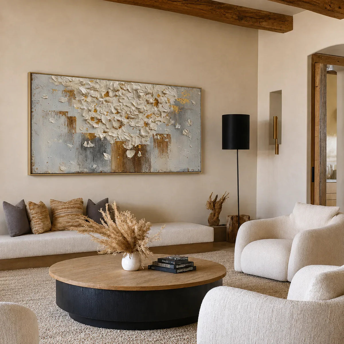 White Blossom Canopy with a Golden Trunk Wall Art styled interior scene 2 | Olyrel